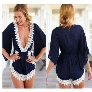 Debbie Dabbie Navy & White Lace Trim Romper Size 8